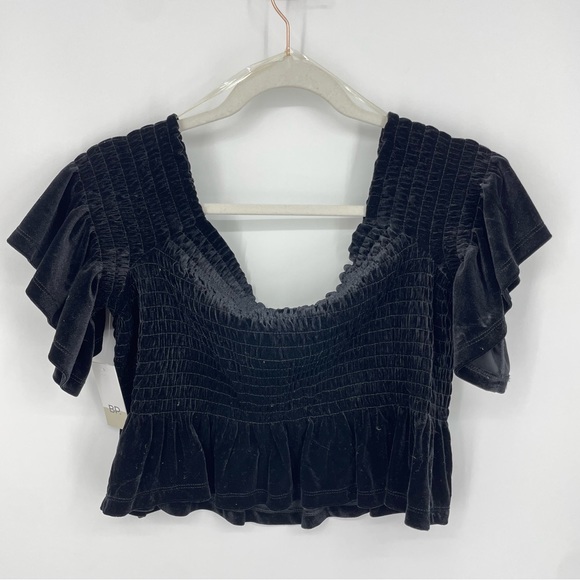 BP NORDSTROMS BLACK VELVET OFF SHOULDER SMOCKED RUFFLE CROP TOP PLUS 2X - Picture 7 of 8